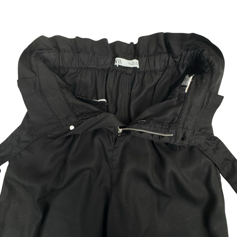 Zara Women's Paper Bag Waist Pants Black Small Wide Leg Crop Belted Office - Picture 10 of 16